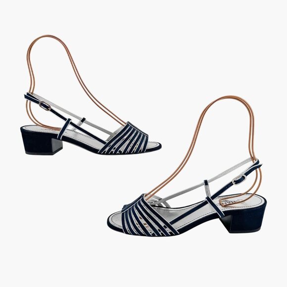 Chanel CC Strappy Slingback Sandals Block Heel Navy Blue Silver Size 37 US 6-6.5 - Picture 7 of 15